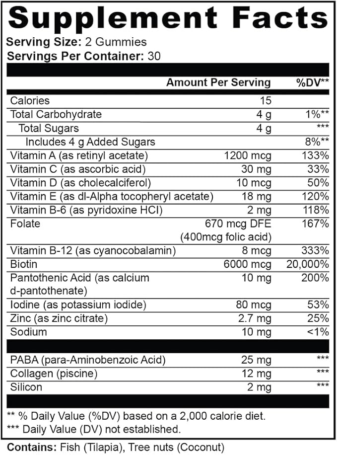 Hair, Skin and Nails Gummies with Biotin & Collagen - Vitamins A, C, D, E & Zinc - Passion Fruit Flavor - Supports Natural Glow & Healthy Growth - 60ct