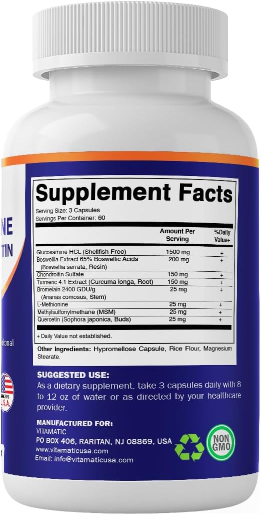 Vitamatic Glucosamine Chondroitin MSM 180 Veggie Capsules – Joint Support Supplement for Women & Men – Shellfish Free, Non-GMO