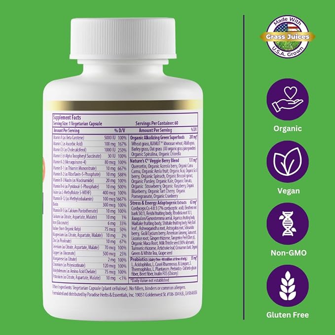 Paradise Herbs Earth's Blend Once Daily Multivitamin with Iron, 48 Organic Superfoods, Probiotics, Antioxidants, Vitamins A, B12, C, D, K2, 60 Capsules