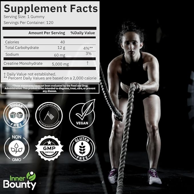 Sugar Free Creatine Monohydrate Gummies 5g, Natural Sour Green Apple - 120 Vegan Chews for Men and Women. Cognition and Muscle Support, Cellular Energy - Non-GMO & Gluten-Free