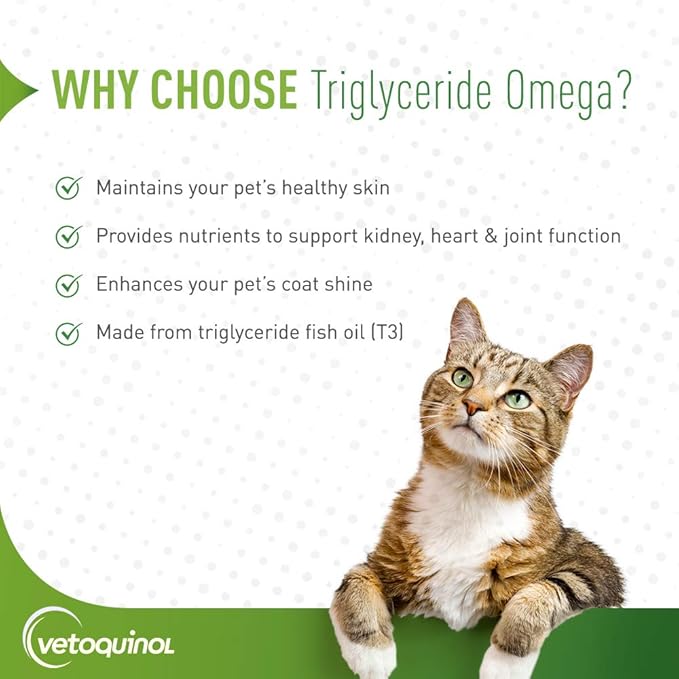 Vetoquinol Triglyceride Omega - Fish Oil for Dogs & Cats - Supports Healthy Skin, Coat & Normal Immune Response - Supplement with Vitamin Blend for Heart, Eye, Bone & Muscle Support - 60 Capsules