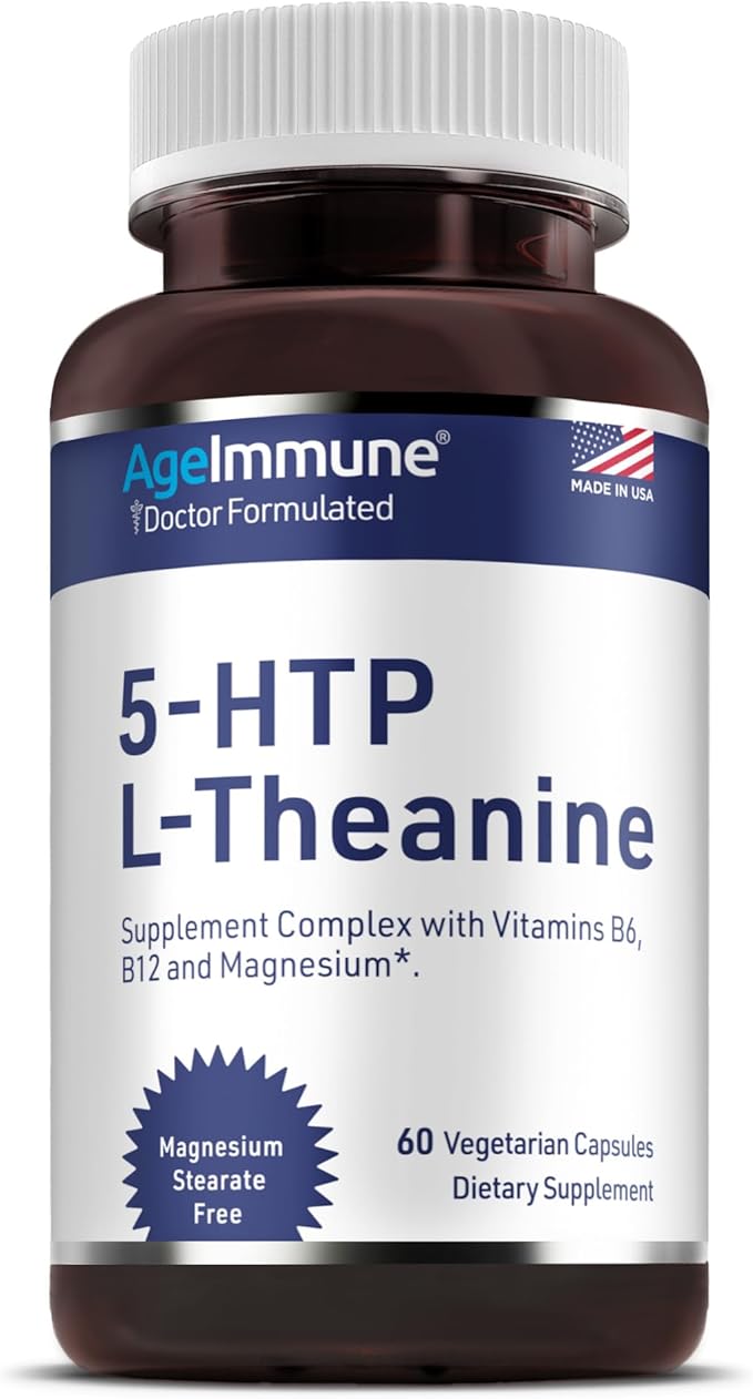 5-HTP Formula for Stress Relief and relaxation support for Teens and Adults with 5-HTP, L-Theanine, Vitamin B6, Vitamin B12, Magnesium - Doctor Formulated - Magnesium Stearate Free - 60 capsules.