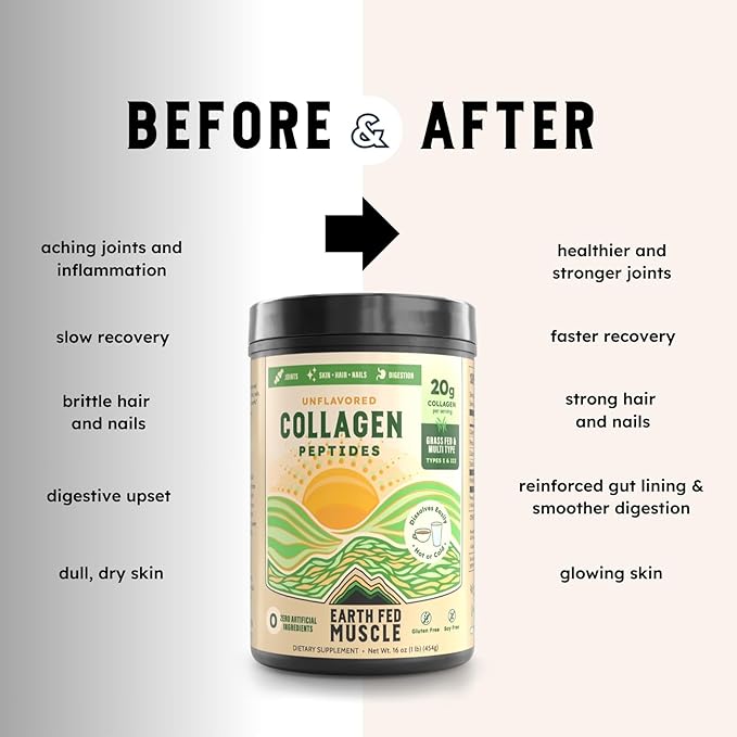 Earth Fed Muscle Collagen Peptides Powder – Unflavored Collagen Protein Powder for Women & Men | Supports Hair, Skin, Nails, Joints & Recovery | Sugar & Gluten-Free, Keto Friendly, 20g Per Serving