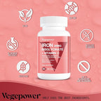 Iron Bisglycinate 30 mg with Vitamin C - High Absorption Iron Supplements for Anemia, Energy & Healthy Red Blood Cells - Gentle on Stomach, Non-Constipating, Non-GMO - 90 Vegan Capsules