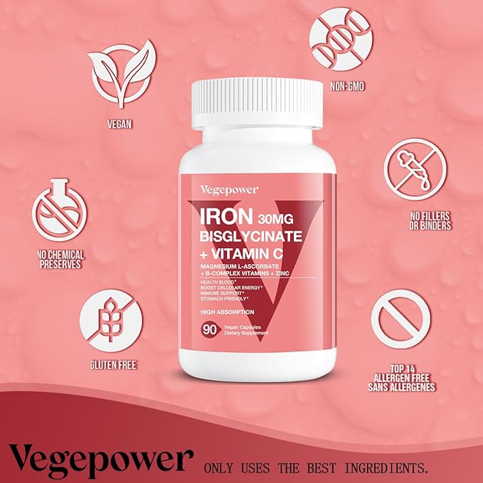 Iron Bisglycinate 30 mg with Vitamin C - High Absorption Iron Supplements for Anemia, Energy & Healthy Red Blood Cells - Gentle on Stomach, Non-Constipating, Non-GMO - 90 Vegan Capsules