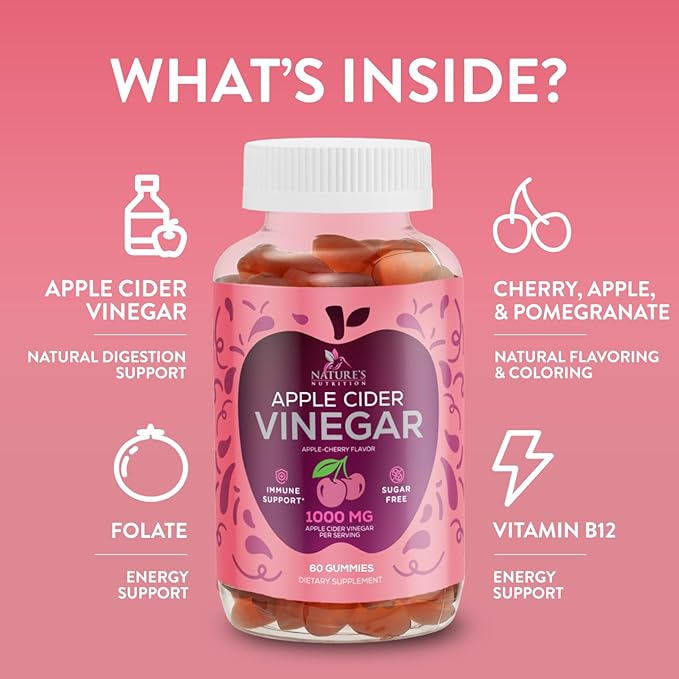Apple Cider Vinegar Gummies 1000mg Per Serving - Sugar Free ACV Gummy Vitamins Supplement with Vitamin B12 for Energy - Keto Friendly Digestion, Detox, Cleanse Support, Vegan, Non-GMO - 60 Gummies