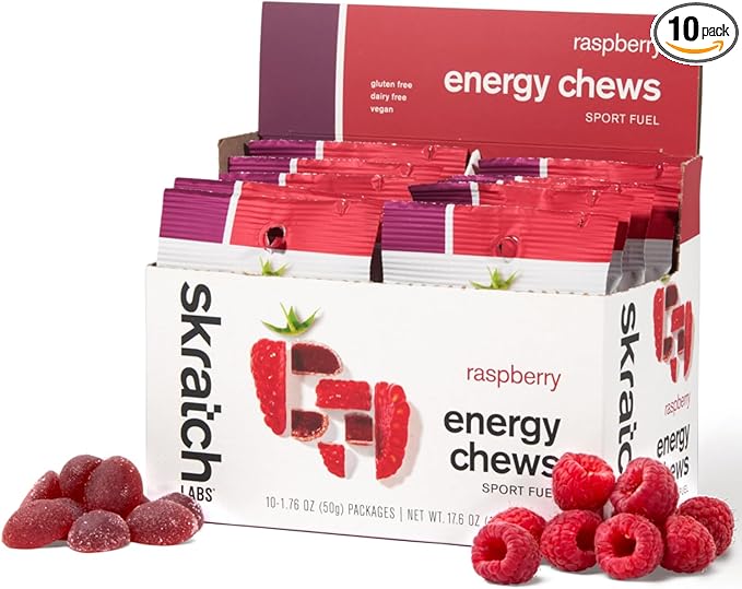 Skratch Labs Energy Chews | Gummies for Running, Cycling & Endurance Quick Carbs for Athletes, Easy to Digest, Real Fruit | Gel Alternative for Runs & Rides | Raspberry 10 Pack | Gluten Free, Vegan