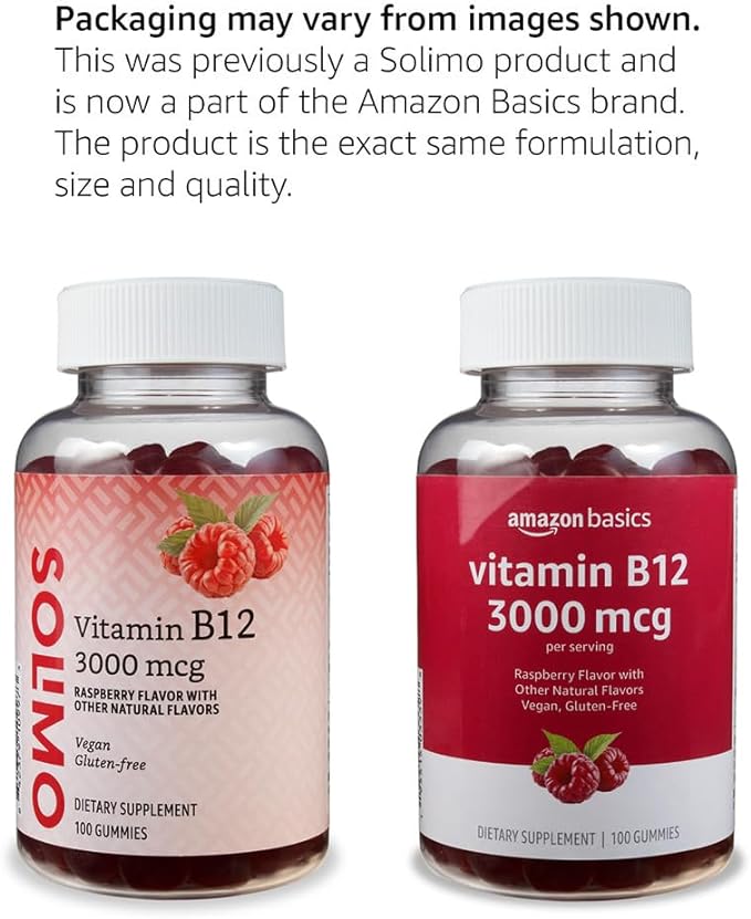Amazon Basics Vitamin B12 3000 mcg, Normal Energy Production and Metabolism, Immune System Support, 100 Gummies (2 per serving), Pack of 2, Raspberry (Previously Solimo)