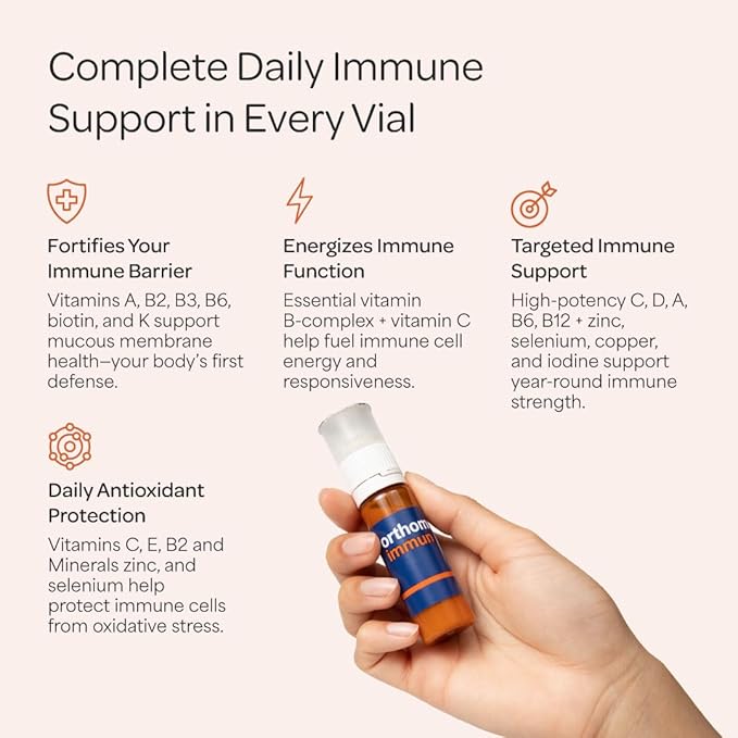 Orthomol Immun, Immune Support Vials for Adults with Vitamin C, Zinc, Selenium, Iodine, Vitamin D, E, A ,B, Calcium, 25+ Immune Boost Nutrients, 1 Serving Per Day for Daily Health (30 Day Supply)