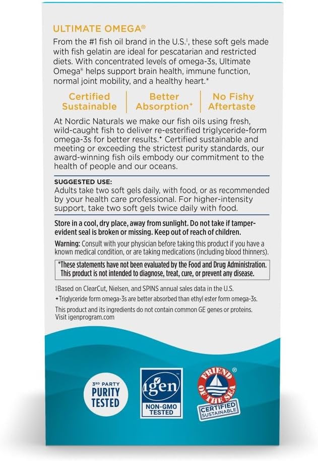 Nordic Naturals Ultimate Omega in Fish Gelatin, Lemon Flavor - 60 Soft Gels - 1280 mg Omega-3 - High-Potency Fish Oil Supplement - EPA & DHA - Promotes Brain & Heart Health - Non-GMO - 30 Servings