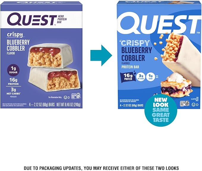 Quest Nutrition Crispy Blueberry Cobbler Hero Protein Bar, 16g Protein, 1g Sugar, 3g Net Carb, Gluten Free Protein Snack, Keto Friendly, 4 Count