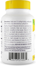 Healthy Origins Vitamin D3 2,000 IU (50 mcg) & K2 200 mcg (Non-GMO, 3rd Party Tested, Bone Support, Cardiovacsular Support), 180 Softgels