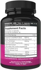 Resveratrol Supplement - Potent 1400mg Formula with Trans Resveratrol, Quercetin, Grape Seed, Green Tea, Acai and Red Wine Extract - 60 Veggie Capsules