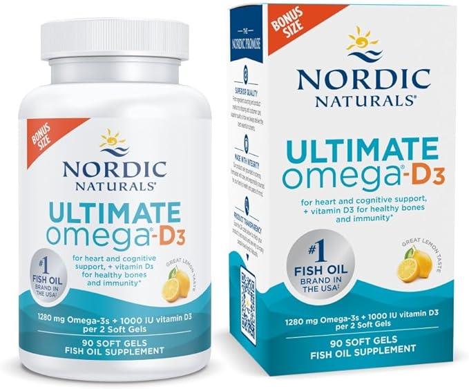 Nordic Naturals Ultimate Omega-D3, Lemon Flavor - 90 Soft Gels - 1280 mg Omega-3 + 1000 IU Vitamin D3 - EPA & DHA - Promotes Brain, Heart, & Immune Health - 45 Servings