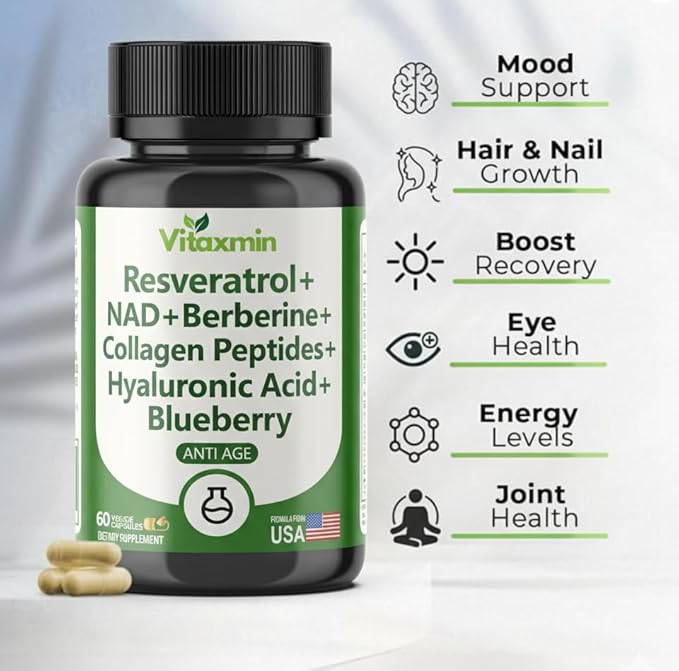 NAD Resveratrol Supplement 200mg with Berberine NAC Collagen - Nicotinamide Riboside NMN NADH CoQ10 Biotin Hyaluronic Acid - Hair Skin Nails Supplement - 60 Capsules