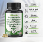 NAD Resveratrol Supplement 200mg with Berberine NAC Collagen - Nicotinamide Riboside NMN NADH CoQ10 Biotin Hyaluronic Acid - Hair Skin Nails Supplement - 60 Capsules