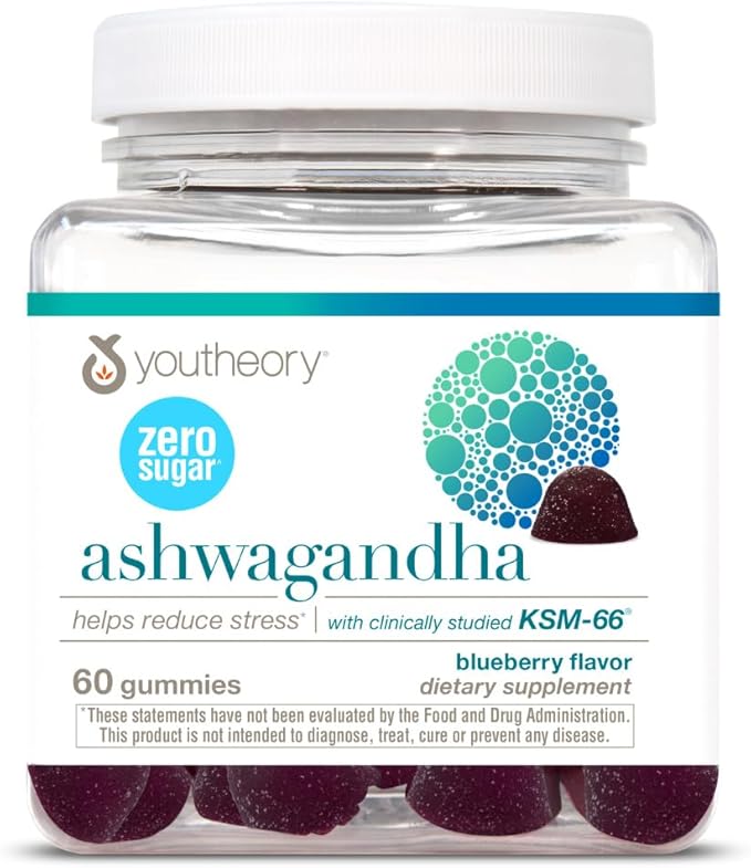 Youtheory Ashwagandha Gummies - with Organic KSM-66 Ashwagandha - Herbal Blend to Support Stress Relief & Energy Levels* - Helps Support Mood* - Sugar Free - Blueberry Flavor - 60 Vegan