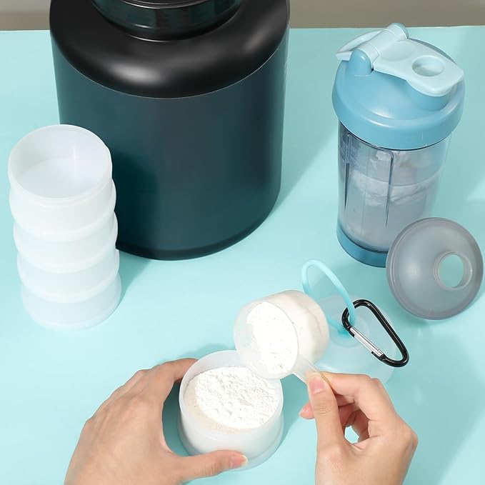 Baderke 2 Pcs Protein Powder Containers with Funnels Stand, 5 and 3 Layers Stackable Powder Supplement Travel Container Formula Organizer Storage Powders Holder for Travel Workout Fitness(White)