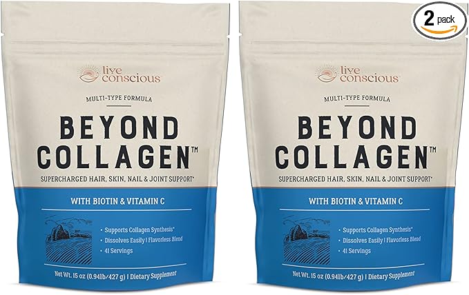 Live Conscious Beyond Collagen Multi Collagen Powder w/Types I, II, III, V & X - Keto Friendly, Hydrolyzed Collagen Peptides Powder Blend w/Biotin & Vitamin C (2-Pack)