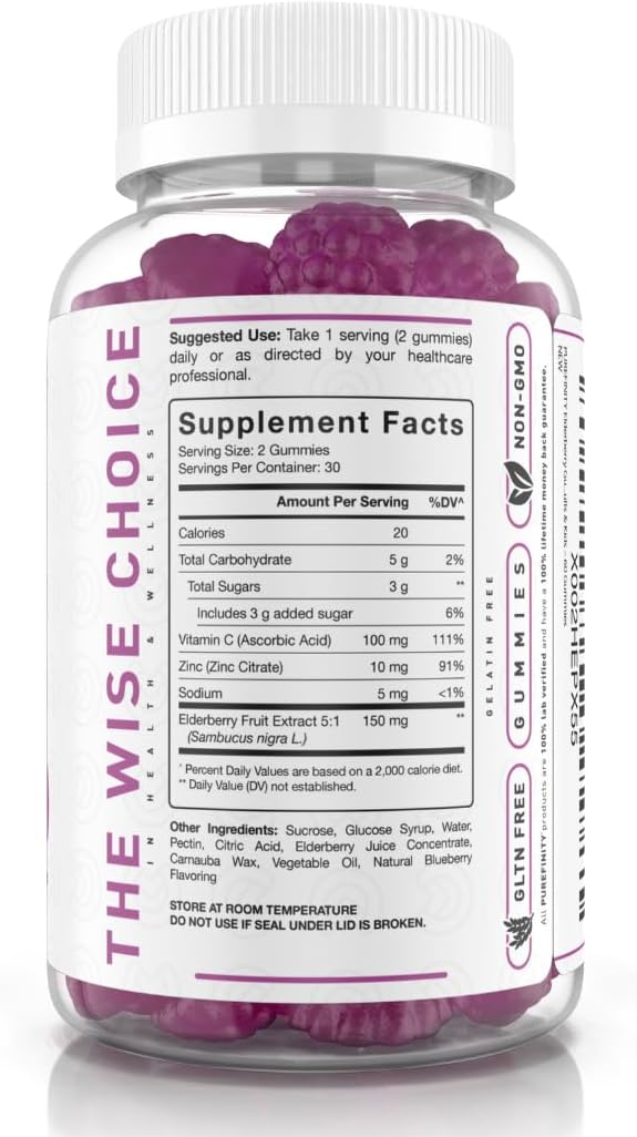 PUREFINITY Elderberry Gummies with Sambucus, Vitamin C, and Zinc – Your Perfect Daily 3-in-1 Supplement for Kids & Adults – Gluten Free, Non-GMO, Vegan, 60 Count (Pack of 2)