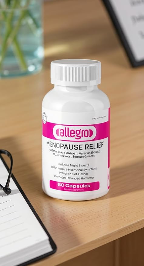 Allegro Menopause Relief Supplement, 60 Capsules, with Saffron, Black Cohosh, Valerian Extract, St. John's Wort, Korean Ginseng