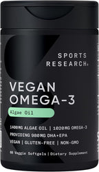 Sports Research Vegan Omega-3 Fish Oil Alternative from Algae Oil - Highest Levels of Vegan DHA & EPA Fatty Acids | Non-GMO Tested & Vegan Certified - 60 Veggie Softgels (Carrageenan Free)