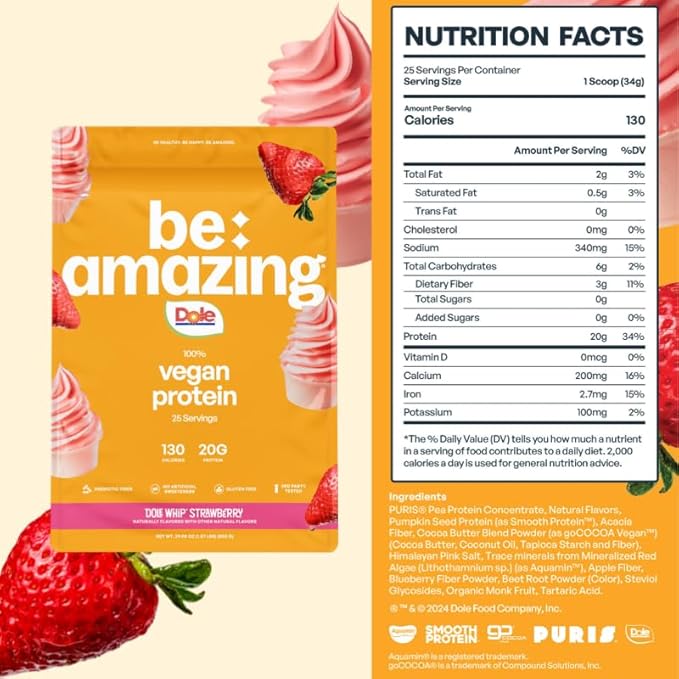 Be Amazing Vegan Protein Powder | 20g Plant-Based Protein with Prebiotics Fibers | Sugar-and-Gluten-Free Shake Mix, Low Carb, Non-Dairy Smoothie | Dole Whip Strawberry, 25 Servings