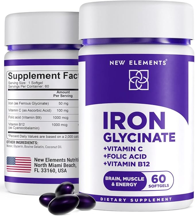 Iron Supplement for Women & Men | Iron Glycinate 50mg + Vitamin C, Folic Acid 1000mcg, Vitamin B12 | Anemia Relief, Energy Boost & Immune Support | Gentle on Stomach, Fast Absorption | 60 Softgels