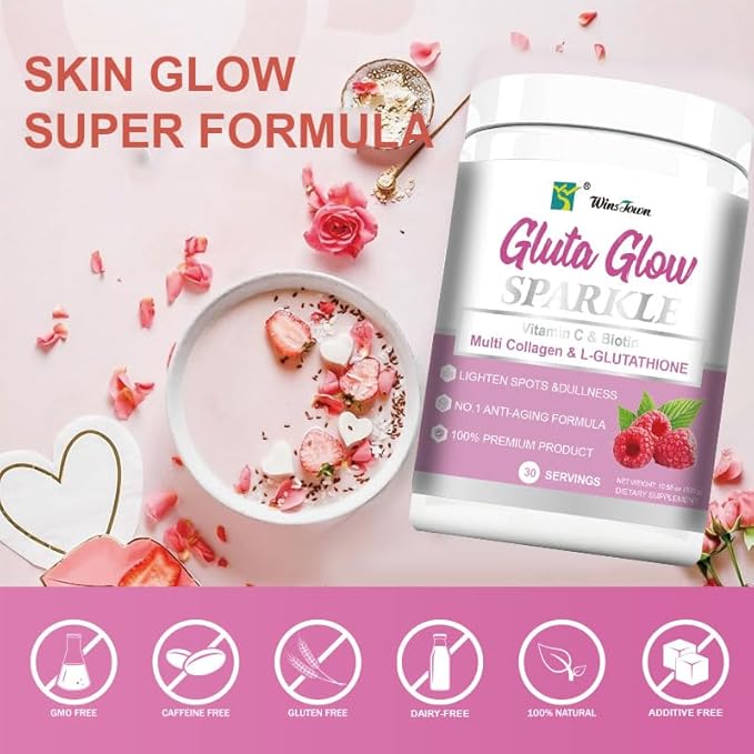 Multi Collagen&L-Glutathione Powder–Hydrolyzed Peptides with Vitamin C&Biotin–Supports Skin Brightness, Hydration&Natural Glow–30 Servings