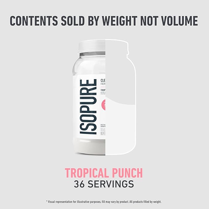Isopure Clear Whey Isolate Protein Powder, Lactose Free, Gluten Free, Naturally Flavored, Tropical Punch, 20g Protein Per Serving, 1.9 Lbs, 36 Servings (Packaging May Vary)