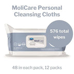 MoliCare Skin Personal Wipes, Pre-Moistened Adult Washcloths - Active Skin Protection with Aloe and Lanolin, Hypoallergenic, Alcohol-Free - 9 in x 13 in, 48 Count, 12 Packs, 576 Total