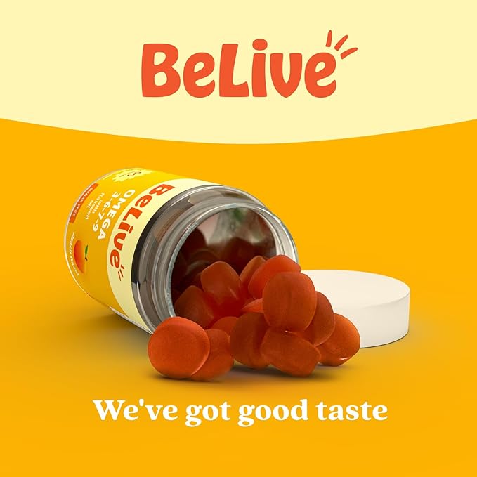 BeLive Organic Omega 3 Gummies - 60 Ct I Vegan Omegas 3 6 7 & 9 from Flaxseed Oil & Sea Buckthorn Fruit Oil, for Kids & Adults, Full Body, Brain & Eye Support, Sugar Free – Peach Flavor