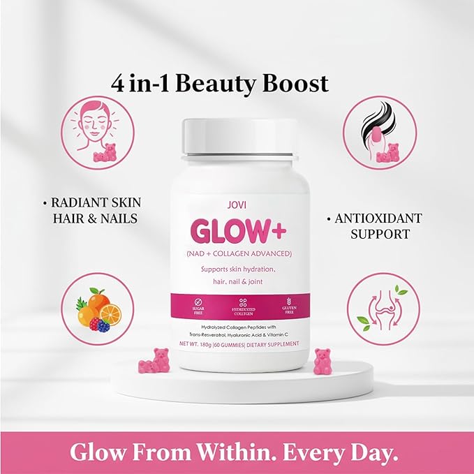 Jovi Nutrition Glow+ NAD+ & Collagen Gummies,Multi-Type Hydrolyzed Collagen Peptides with Resveratrol, Hyaluronic Acid, Vitamin C & E, Skin, Hair & Nail Nutritional Support
