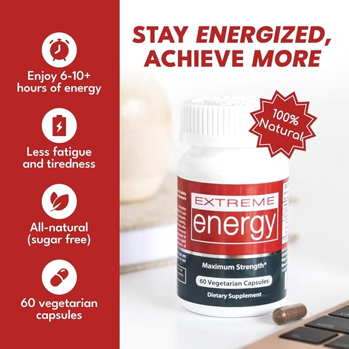 Herbal Nitro Extreme Energy Pills - 6 to 10 Hour Boost, No Crash or Jitters Maximum Strength Natural Energy Supplement for Women & Men - Fatigue, Focus & Motivation (60 Count)