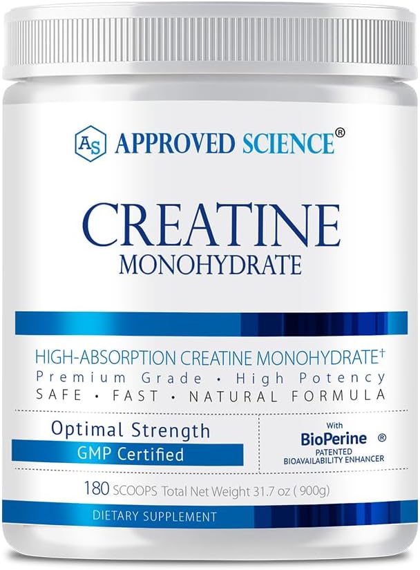 Approved Science Creatine Monohydrate Powder – with BioPerine – Supports Strength, Lean Muscle & Recovery – 5 g Per Serving – Unflavored Creatine Powder – Non-GMO, Vegan – 180 Servings