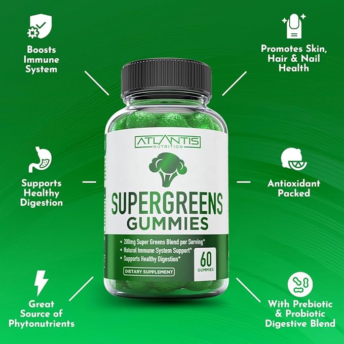 Atlantis Nutrition Supergreens Gummies - Daily Green Superfoods Supplement with Spinach, Broccoli, Moringa, Beet Root, Celery, Green Tea, & Acai for Immunity Support - Natural Raspberry Flavor, 60 cnt
