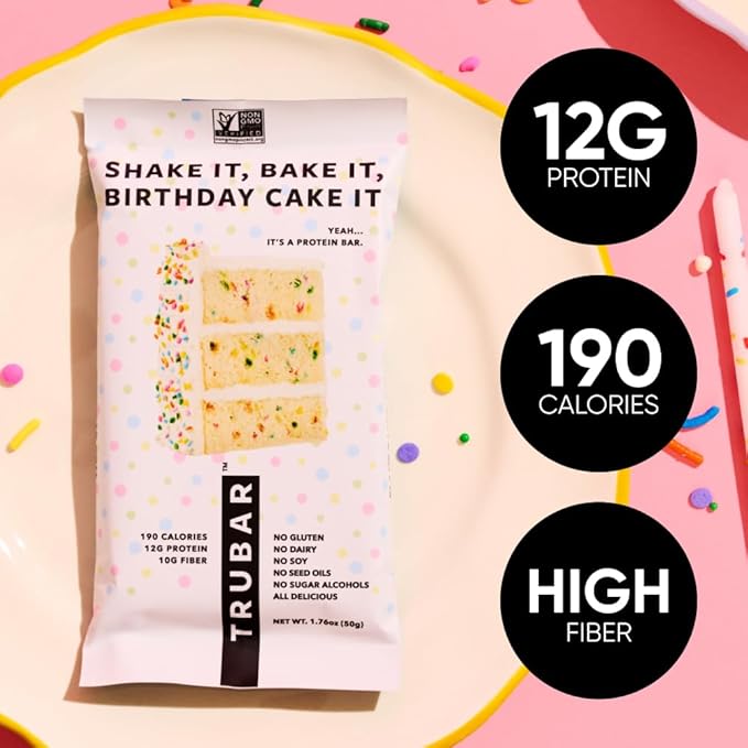 TRUBAR Vegan Protein Bar, Shake it Bake it Birthday Cake it, Gluten Free, Plant Based Protein, Dairy Free, Non GMO, Soy Free, No Sugar Alcohols, 12G Protein, 12G Fiber, 23G Carb, Snack Bars, 12ct
