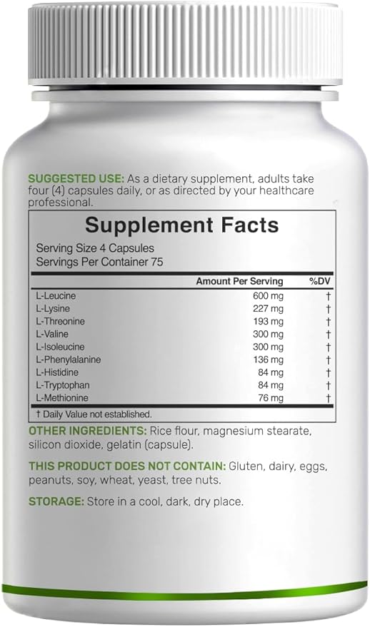 Essential Amino Acids (EAA) 2000mg Per Serving, 300 Capsules – Unflavored - 9 in 1, All BCAAs (Branched-Chain Aminos) – Lean Muscle Support & Natural Pre Workout Supplement