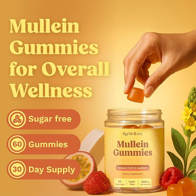Kynis & co. Mullein Gummies for Overall Wellness – Mullein Leaf Extract, Quercetin, Bromelain, Ashwagandha, Vitamin C & D – Passion Fruit & Raspberry Flavor – 60 Gummies