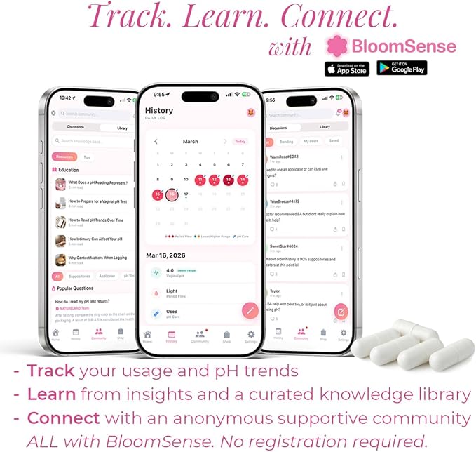 Natureland Boric Acid Vaginal Suppositories for Women 600mg - 40 Count - Made in USA - Feminine Care for pH Balance & Odor Control - Intimate Health Support - with BloomSense App