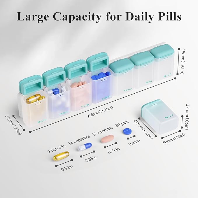 KOVIUU Weekly Pill Organizer Magnetic, Removable Pill Box 7 Day 1 Time a Day, Large Pill Case Travel, Week Once Daily Medication Dispenser, Medicine Container Holder for Supplement Vitamin, Cyan