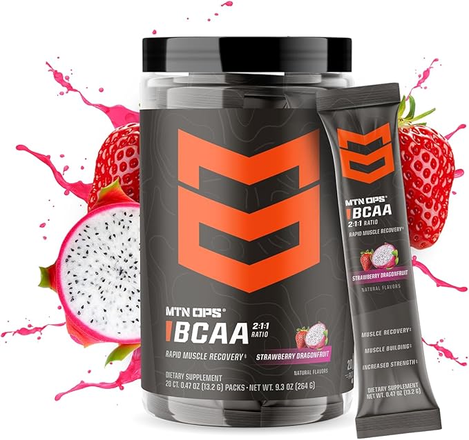 MTN OPS BCAA Powder 2:1:1 Amino Acids Supplement Powder for Rapid Muscle Recovery & Repair with Zero Sugar & Gluten Free - 20 Servings, Strawberry Dragonfruit Trail Packs