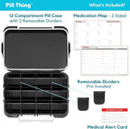 12-Compartment Weekly Pill Box Case with Removable Dividers, Waterproof, Travel-Friendly, with Medication Map and Medical Alert Cards (Black, 2 Pack)