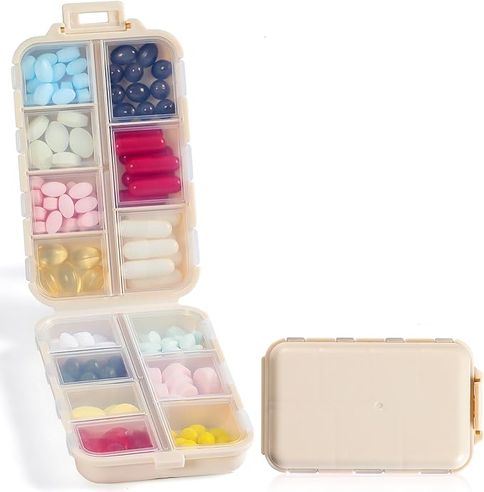 Travel Pill Organizer with Bulk Stickers & Labels - Small & Portable Week Daily Medicine Pharmacy for Pocket, Bag - 14-Compartment Foldable Supplement Box Holder for Fish Oil Vitamin - Khaki