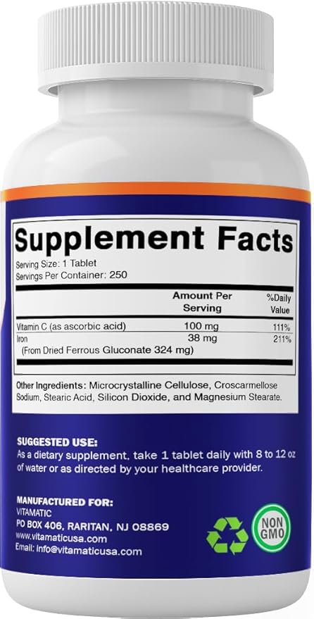 Vitamatic Ferrous Gluconate 324 mg + Vitamin C 100 mg - No Artificial Color Additives - Gentle on Stomach - 250 Tablets - Made in USA