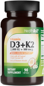 HealthA2Z® Vitamin D3 (2,000 IU) + K2 (MK-7) Made with Virgin Coconut Oil (Natural MCTs) - 90 Softgels (Pack of 1) - Helps Calcium Absorption for Bones, Teeth, Mood & Immune Health