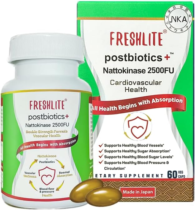 FRESHLITE 2500FU Premium NSK-SD Nattokinase & Vegan Postbiotics for Cardiovascular Support | Blood Pressure, Cholesterol & Heart Health | JNKA Certified | Non-GMO, Gluten-Free, 60 Capsules Japan Made