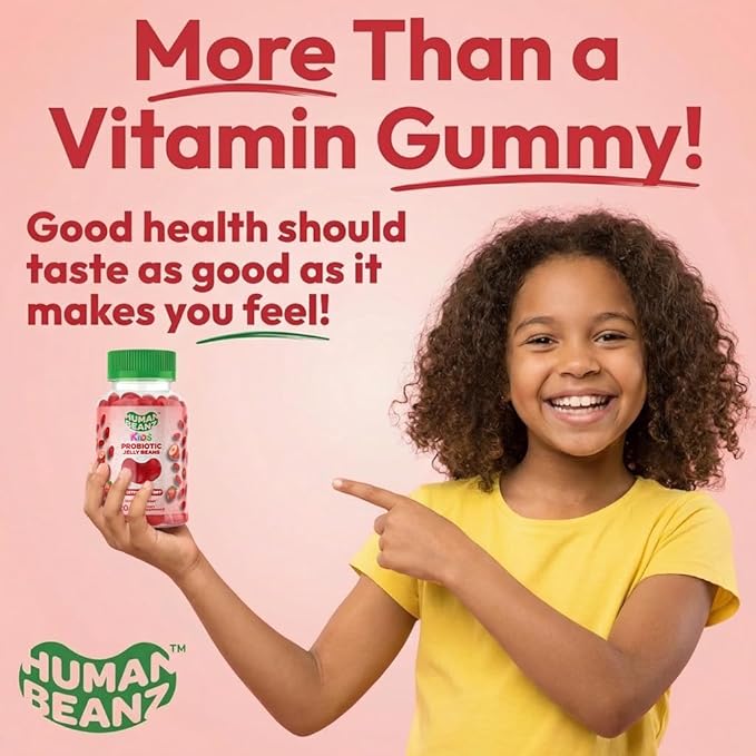 Human Beanz Probiotic Jelly Bean Gummies for Kids, Probiotic Supplements for Digestive Health, Nutritional Vegetarian Supplements, 120 Strawberry Blast Jelly Beans, Kosher