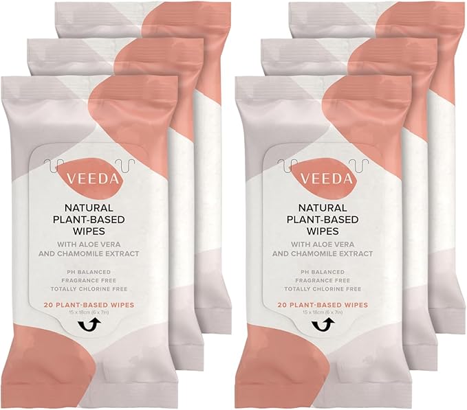 Veeda Plant-Based Feminine Wipes – pH-Balanced, Hypoallergenic & Biodegradable Wipes for Sensitive Skin, Fragrance-Free Travel Sized Wipes – 120 Count