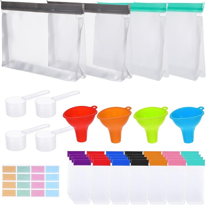 Protein Powder Travel Container Set, Travel Protein Powder Containers to Go Supplement Reusable Portable with Funnel Spoon Label, 28pcs Single Dose Bags and 4pcs Large Zip Bags Supplement Storage